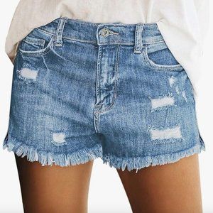 luvamia Women's Casual Mid Rise Denim Shorts Stretch Ripped Raw Hem Jean Shorts